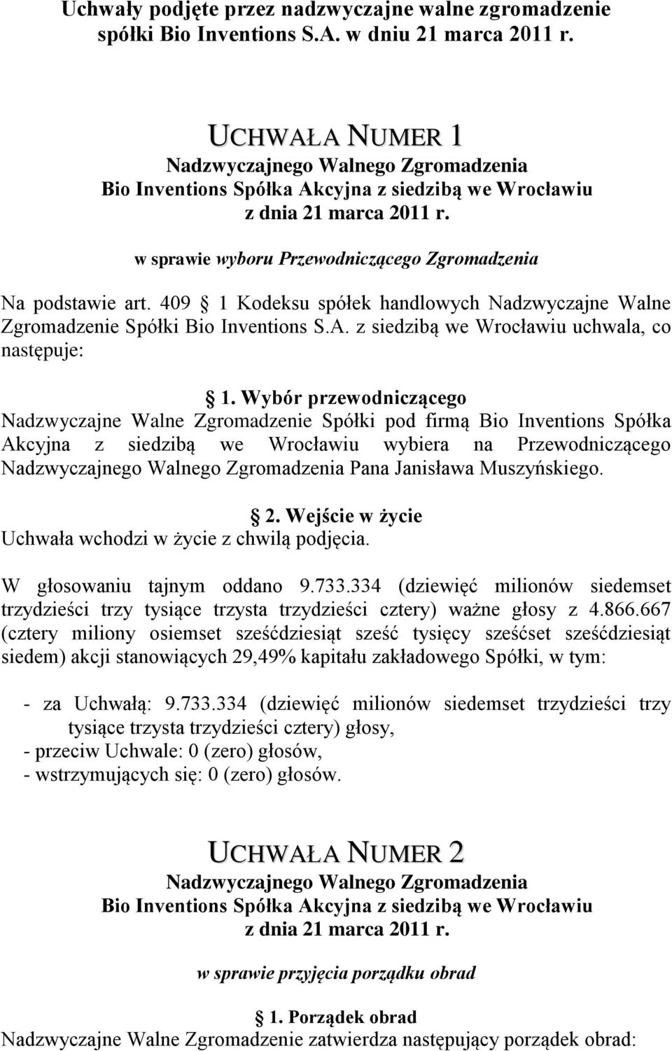 Wybór przewodniczącego Nadzwyczajne Walne Zgromadzenie Spółki pod firmą Bio Inventions Spółka Akcyjna z siedzibą we Wrocławiu wybiera na Przewodniczącego Pana Janisława