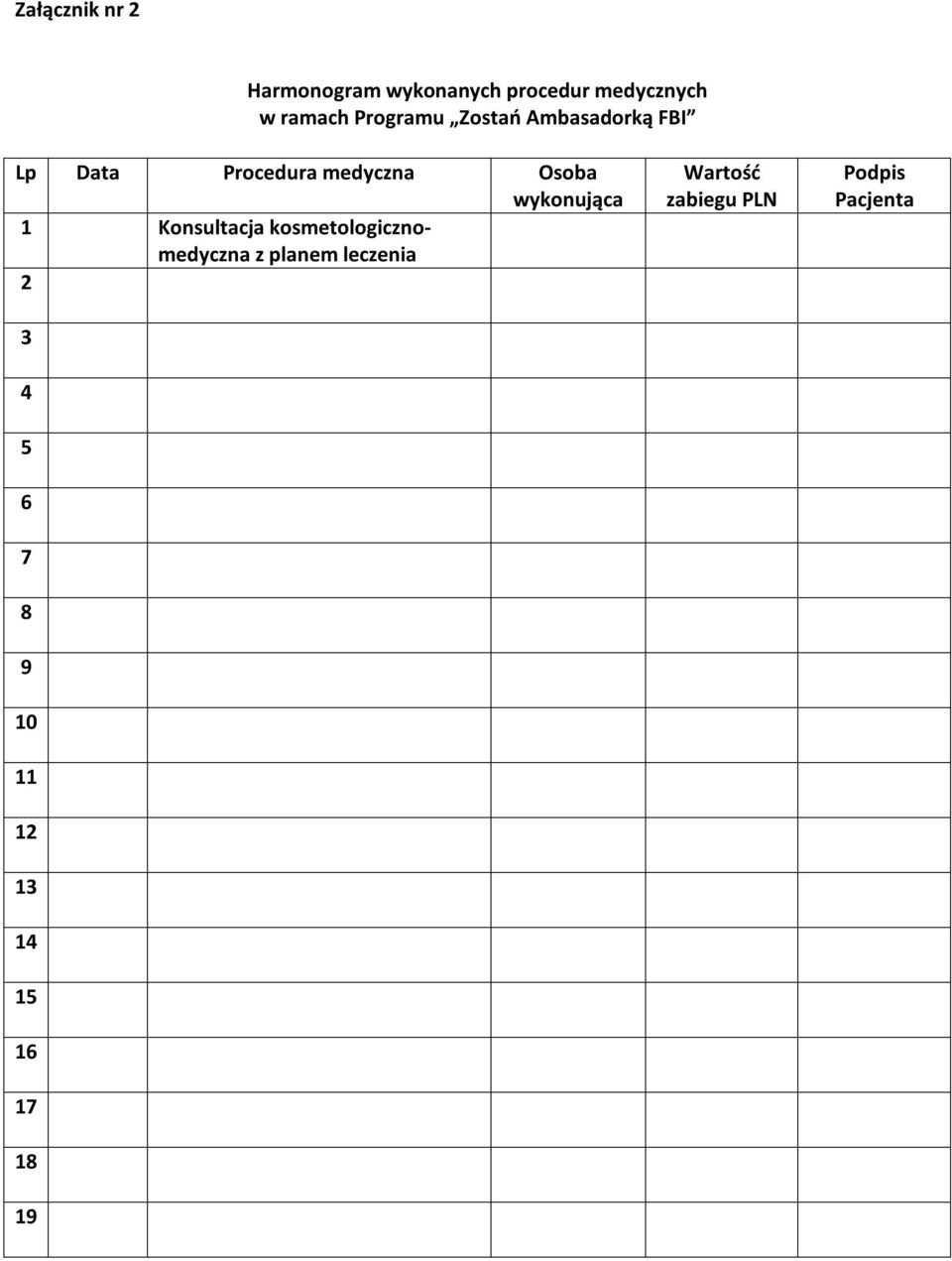 wykonująca 1 Konsultacja kosmetologicznomedyczna z planem leczenia 2