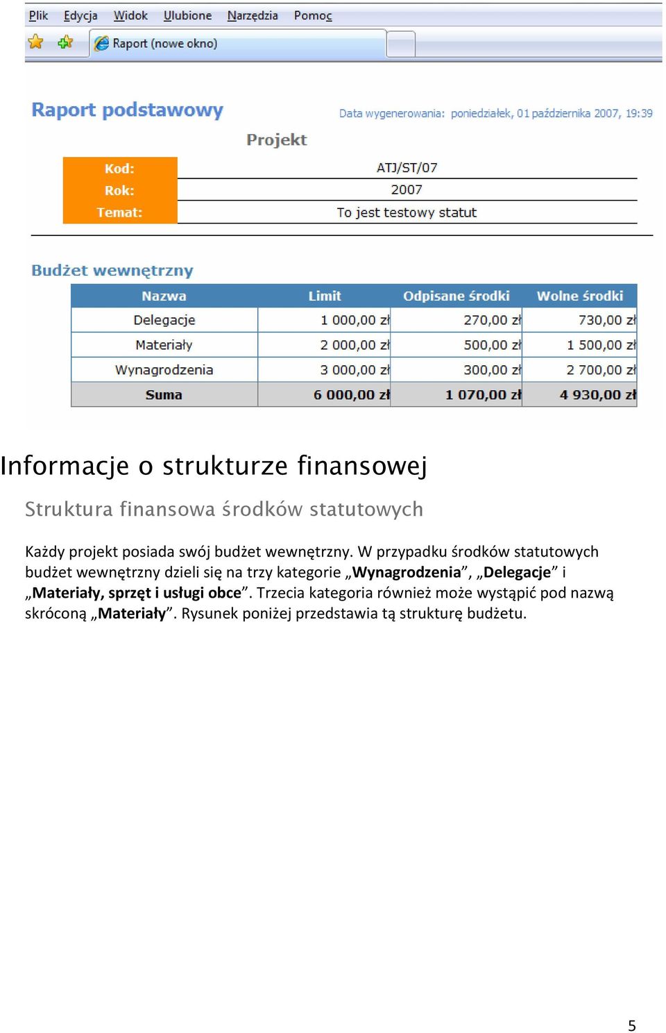 W przypadku środków statutowych budżet wewnętrzny dzieli się na trzy kategorie Wynagrodzenia,