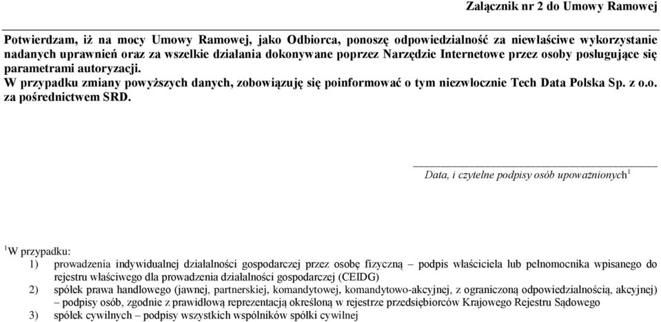 Data, i czytelne podpisy osób upoważnionych 1 1 W przypadku: 1) prowadzenia indywidualnej działalności gospodarczej przez osobę fizyczną podpis właściciela lub pełnomocnika wpisanego do rejestru