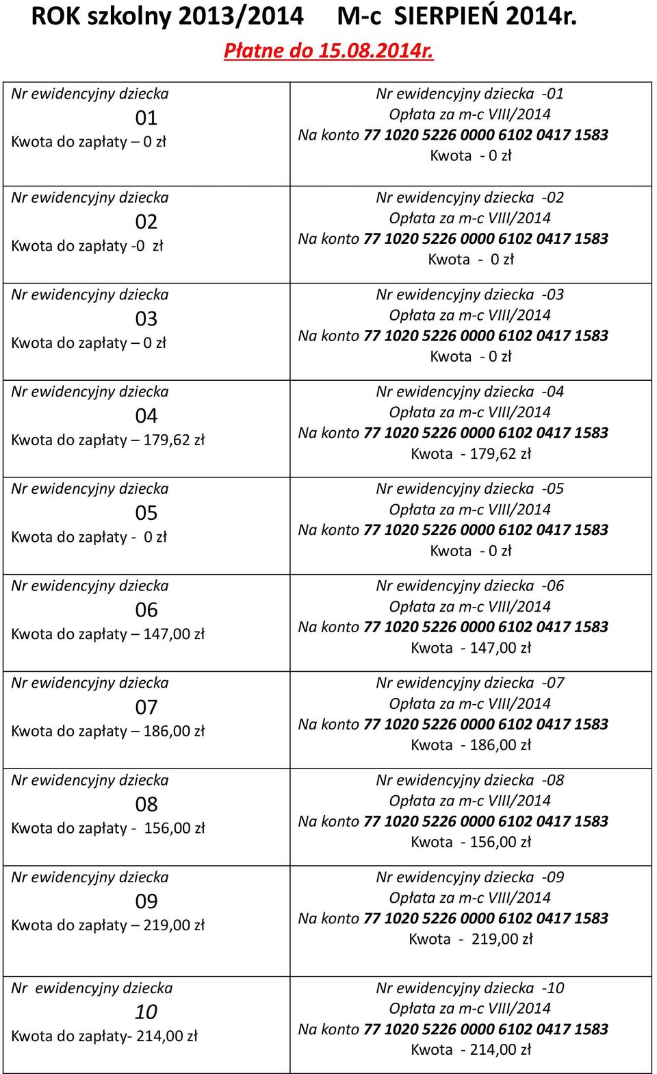 01 02 Kwota do zapłaty -0 zł 03 04 Kwota do zapłaty 179,62 zł 05 06 Kwota do zapłaty 147,00 zł 07 Kwota do