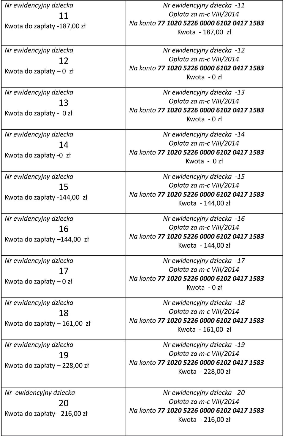 228,00 zł 20 Kwota do zapłaty- 216,00 zł -11 Kwota - 187,00 zł -12-13 -14-15 Kwota -
