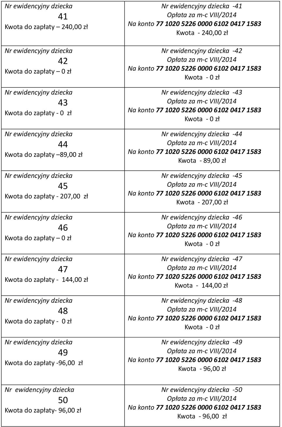 -96,00 zł 50 Kwota do zapłaty- 96,00 zł -41 Kwota - 240,00 zł -42-43 -44 Kwota -