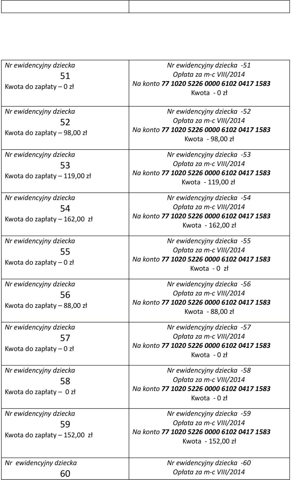 zapłaty 152,00 zł 60-51 -52 Kwota - 98,00 zł -53 Kwota - 119,00 zł -54