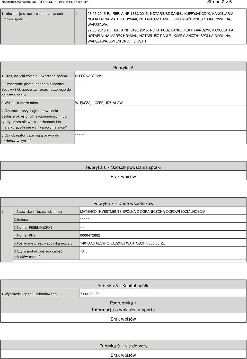 A NR 5496/2015, NOTARIUSZ DANIEL KUPRYJAŃCZYK, KANCELARIA NOTARIALNA MAREK HRYMAK, NOTARIUSZ DANIEL KUPRYJAŃCZYK SPÓŁKA CYWILNA, WARSZAWA, ZMIENIONO: 6 UST.1. Rubryka 5 1.