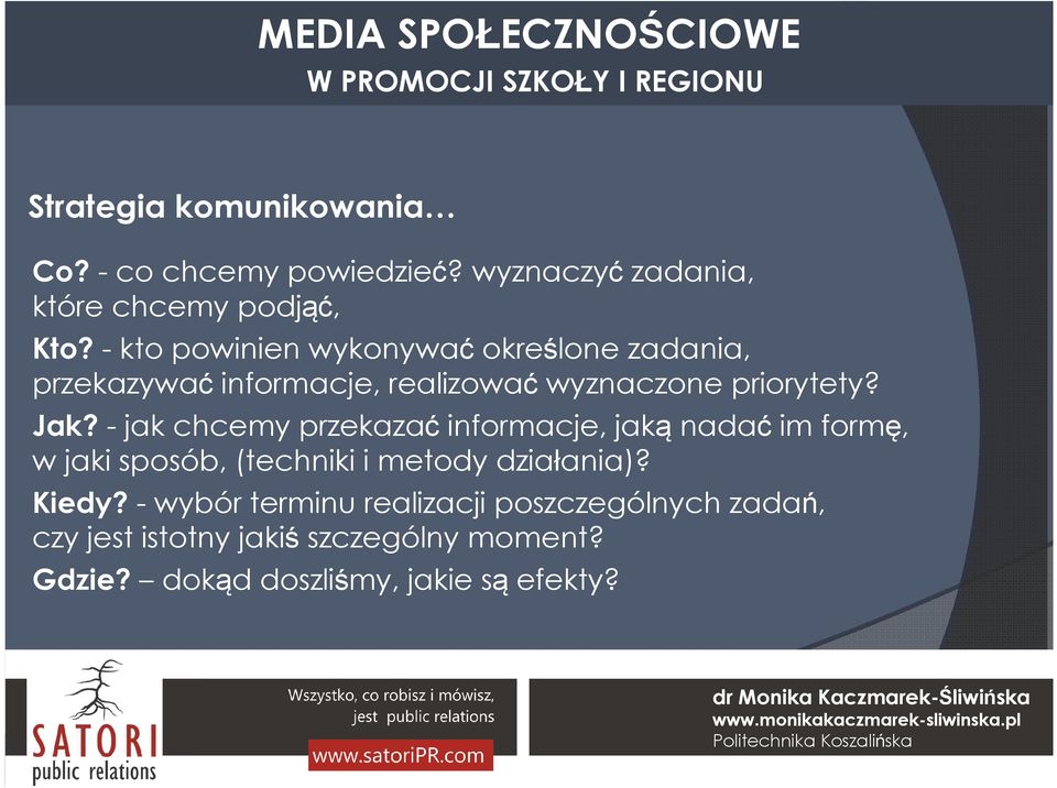 - jak chcemy przekazać informacje, jaką nadać im formę, w jaki sposób, (techniki i metody działania)? Kiedy?