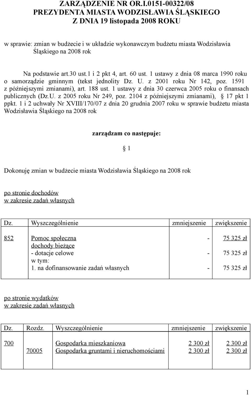 015100322/08 PREZYDENTA MIASTA WODZISŁAWIA ŚLĄSKIEGO Z DNIA 19 listopada 2008 ROKU w sprawie: zmian w budżecie i w układzie wykonawczym budżetu miasta Wodzisławia Śląskiego na 2008 rok Na podstawie