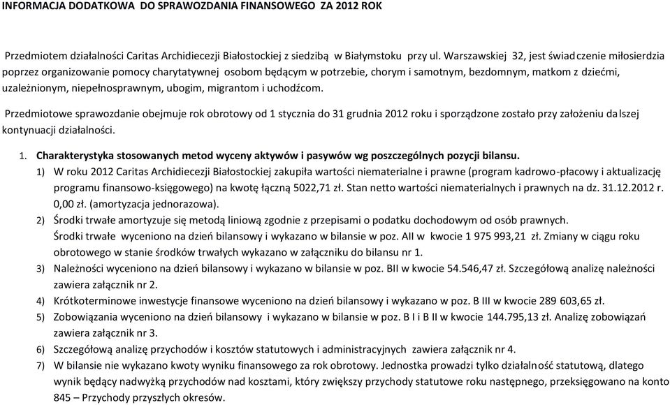 ubogim, migrantom i uchodźcom. Przedmiotowe sprawozdanie obejmuje rok obrotowy od 1 stycznia do 31 grudnia 2012 i sporządzone zostało przy założeniu dalszej kontynuacji działalności. 1. Charakterystyka stosowanych metod wyceny aktywów i pasywów wg poszczególnych pozycji bilansu.