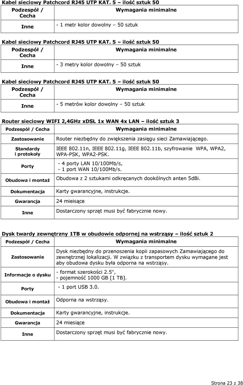 5 ilość sztuk 50-5 metrów kolor dowolny 50 sztuk Router sieciowy WIFI 2,4GHz xdsl 1x WAN 4x LAN ilość sztuk 3 Router niezbędny do zwiększenia zasięgu sieci Zamawiającego.