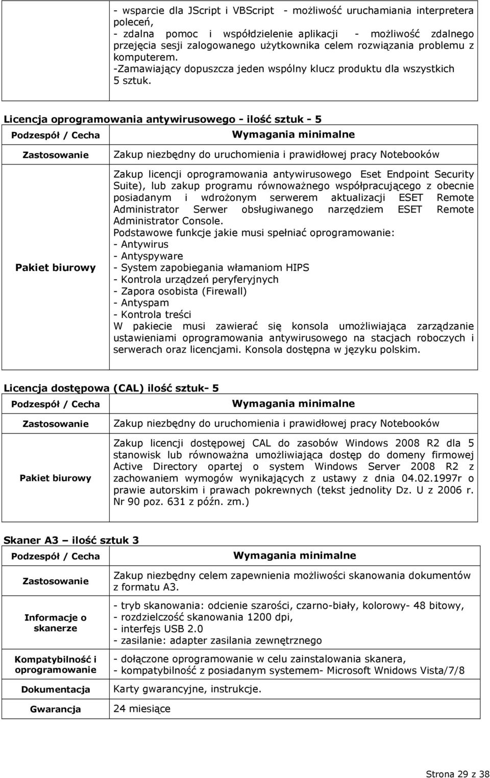 Licencja oprogramowania antywirusowego - ilość sztuk - 5 Pakiet biurowy Zakup niezbędny do uruchomienia i prawidłowej pracy Notebooków Zakup licencji oprogramowania antywirusowego Eset Endpoint