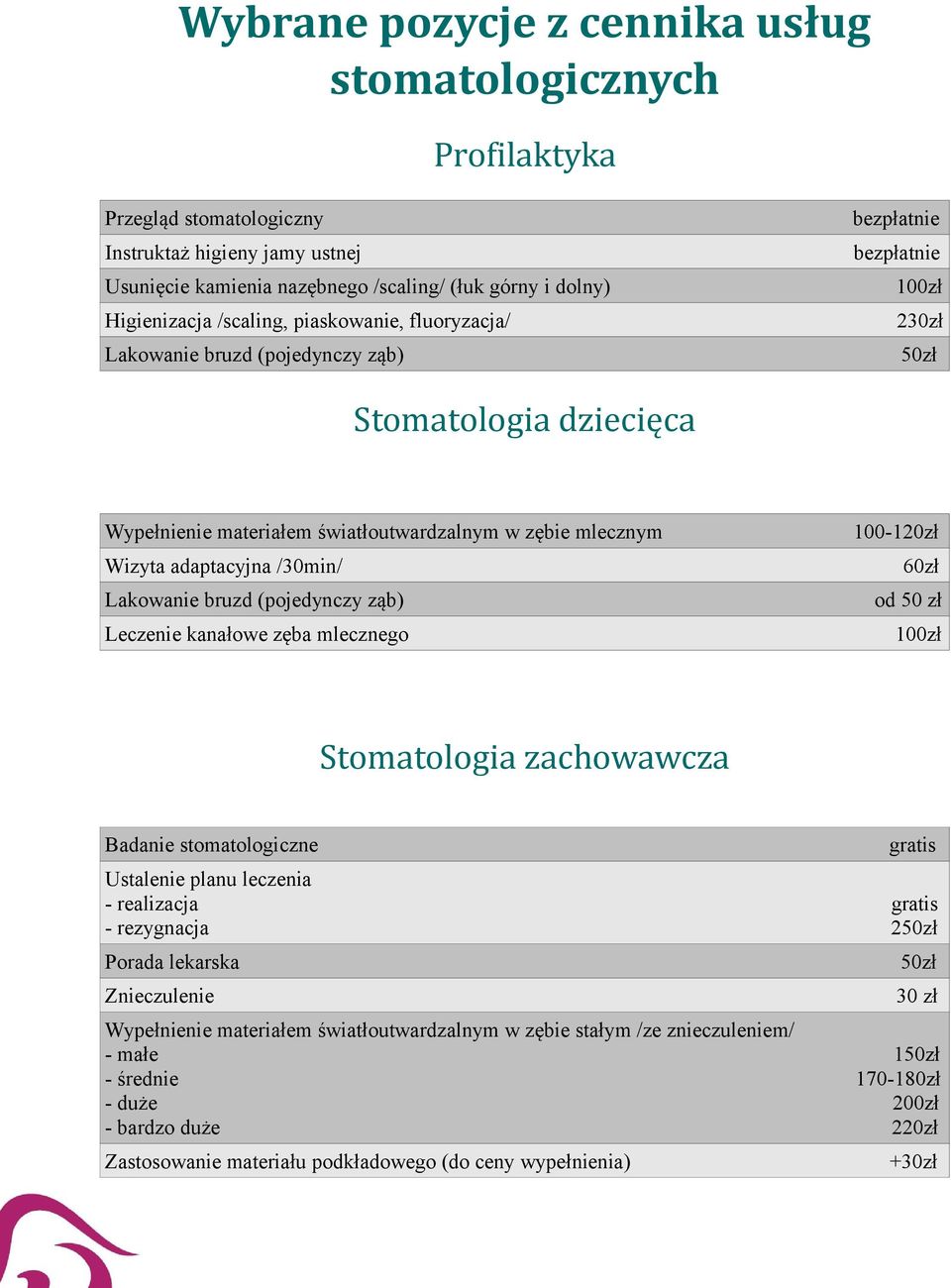 /30min/ Lakowanie bruzd (pojedynczy ząb) Leczenie kanałowe zęba mlecznego 100-120zł 60zł od 50 zł Stomatologia zachowawcza Badanie stomatologiczne gratis Ustalenie planu leczenia - realizacja gratis