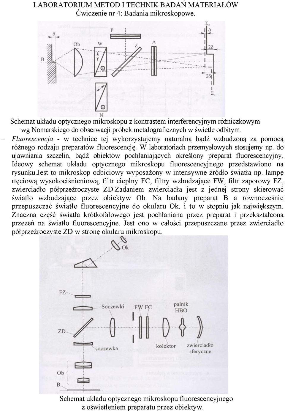 do ujawniania szczelin, bądź obiektów pochłaniających określony preparat fluorescencyjny. Ideowy schemat układu optycznego mikroskopu fluorescencyjnego przedstawiono na rysunku.