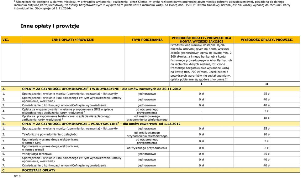 Obowiązuje od 12014r. Inne opłaty i prowizje VII. INNE OPŁATY/PROWIZJE TRYB POBIERANIA A. OPŁATY ZA CZYNNOŚCI UPOMINAWCZE 7 I WINDYKACYJNE - dla umów zawartych do 30.