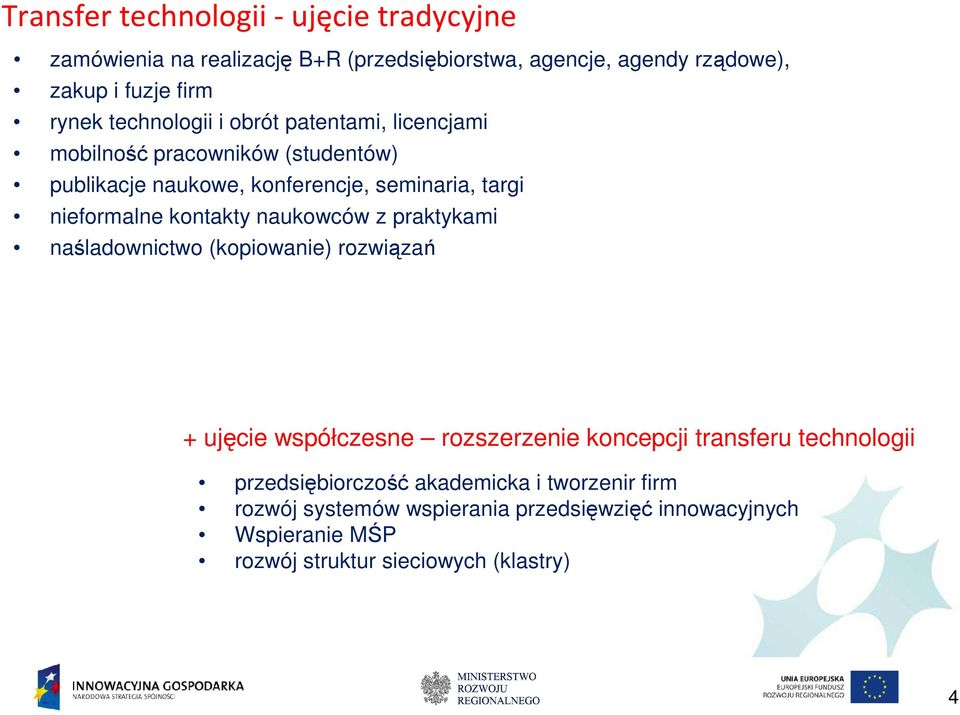 kontakty naukowców z praktykami naśladownictwo (kopiowanie) rozwiązań + ujęcie współczesne rozszerzenie koncepcji transferu technologii