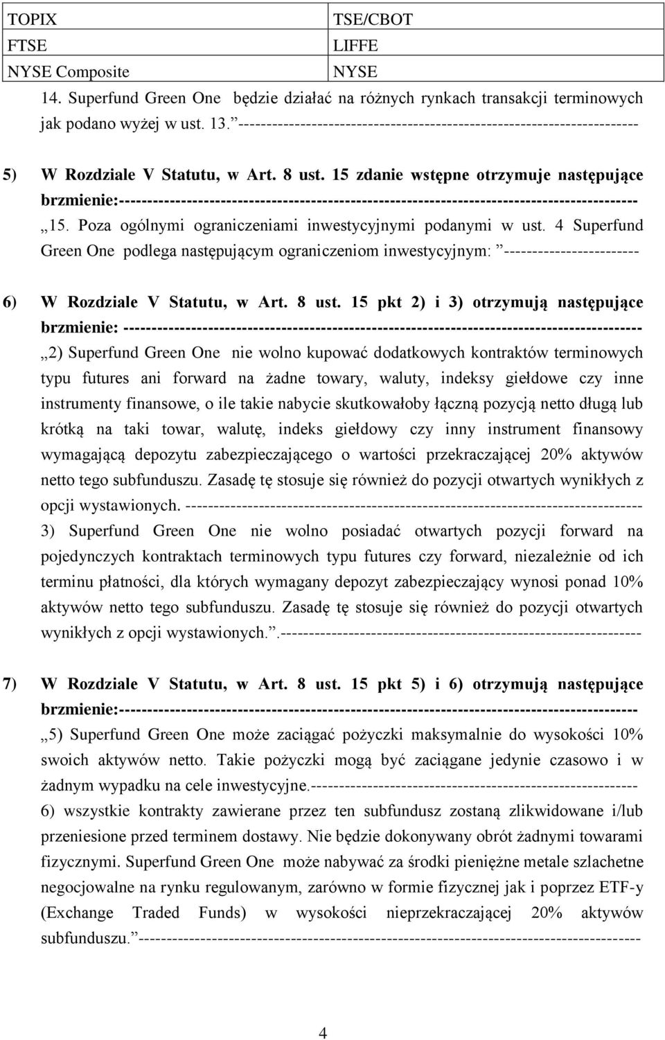 Poza ogólnymi ograniczeniami inwestycyjnymi podanymi w ust. 4 Superfund Green One podlega następującym ograniczeniom inwestycyjnym: ------------------------ 6) W Rozdziale V Statutu, w Art. 8 ust.