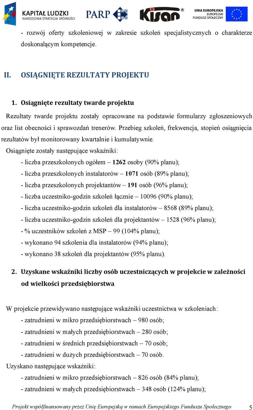 Przebieg szkoleń, frekwencja, stopień osiągnięcia rezultatów był monitorowany kwartalnie i kumulatywnie.