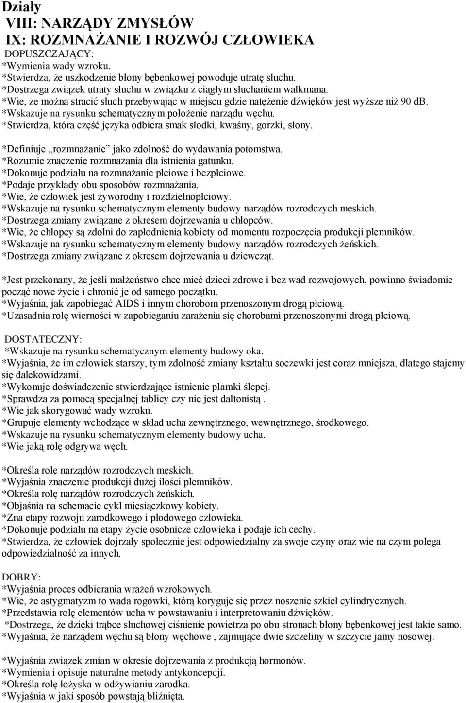 *Wskazuje na rysunku schematycznym położenie narządu węchu. *Stwierdza, która część języka odbiera smak słodki, kwaśny, gorzki, słony. *Definiuje rozmnażanie jako zdolność do wydawania potomstwa.