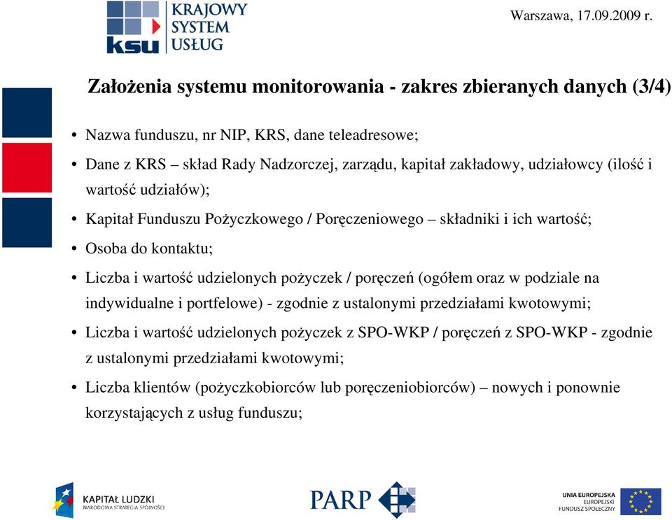 poŝyczek / poręczeń (ogółem oraz w podziale na indywidualne i portfelowe) - zgodnie z ustalonymi przedziałami kwotowymi; Liczba i wartość udzielonych poŝyczek z SPO-WKP