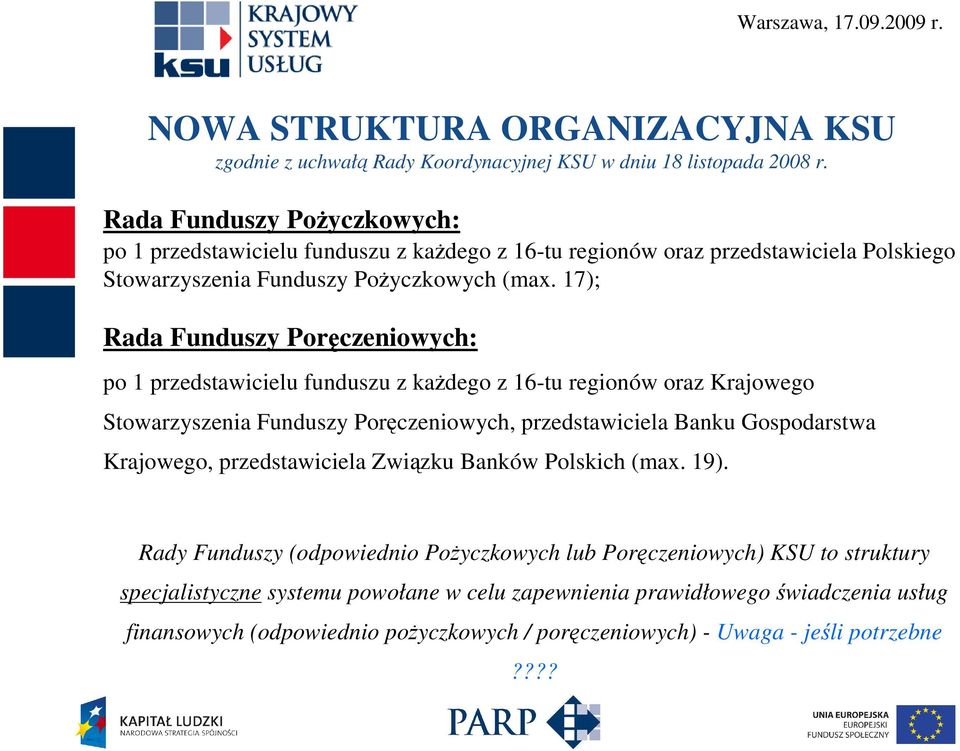 17); Rada Funduszy Poręczeniowych: po 1 przedstawicielu funduszu z kaŝdego z 16-tu regionów oraz Krajowego Stowarzyszenia Funduszy Poręczeniowych, przedstawiciela Banku Gospodarstwa