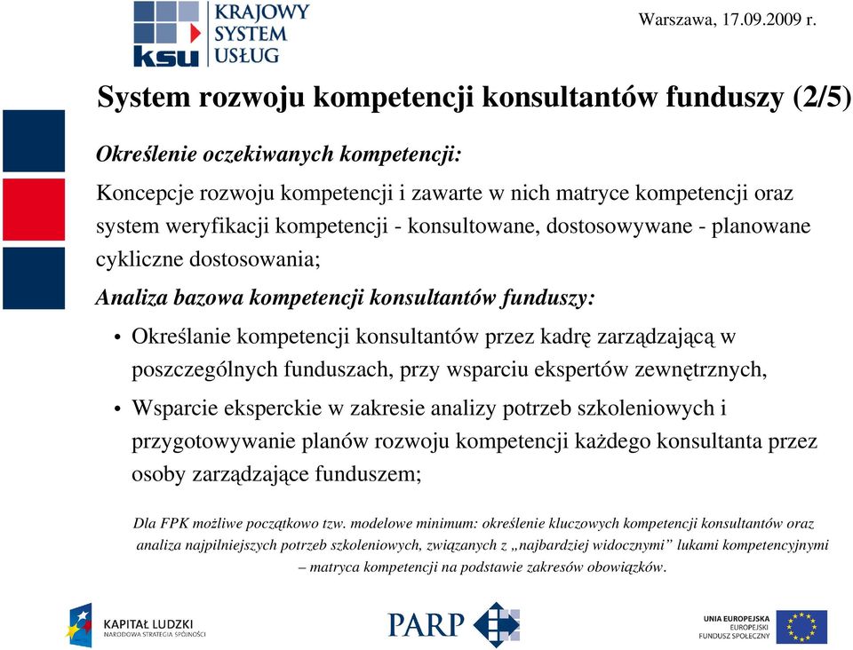 funduszach, przy wsparciu ekspertów zewnętrznych, Wsparcie eksperckie w zakresie analizy potrzeb szkoleniowych i przygotowywanie planów rozwoju kompetencji kaŝdego konsultanta przez osoby