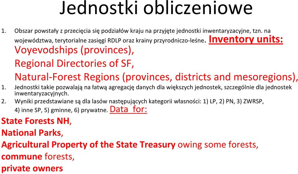 Inventory units: Voyevodships (provinces), Regional Directories of SF, Natural Forest Regions (provinces, districts and mesoregions), 1.