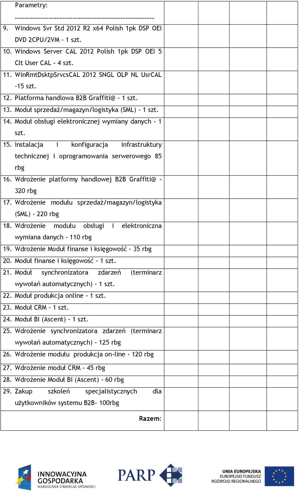 Instalacja i konfiguracja infrastruktury technicznej i oprogramowania serwerowego 85 rbg 16. Wdrożenie platformy handlowej B2B Graffiti@ - 320 rbg 17.