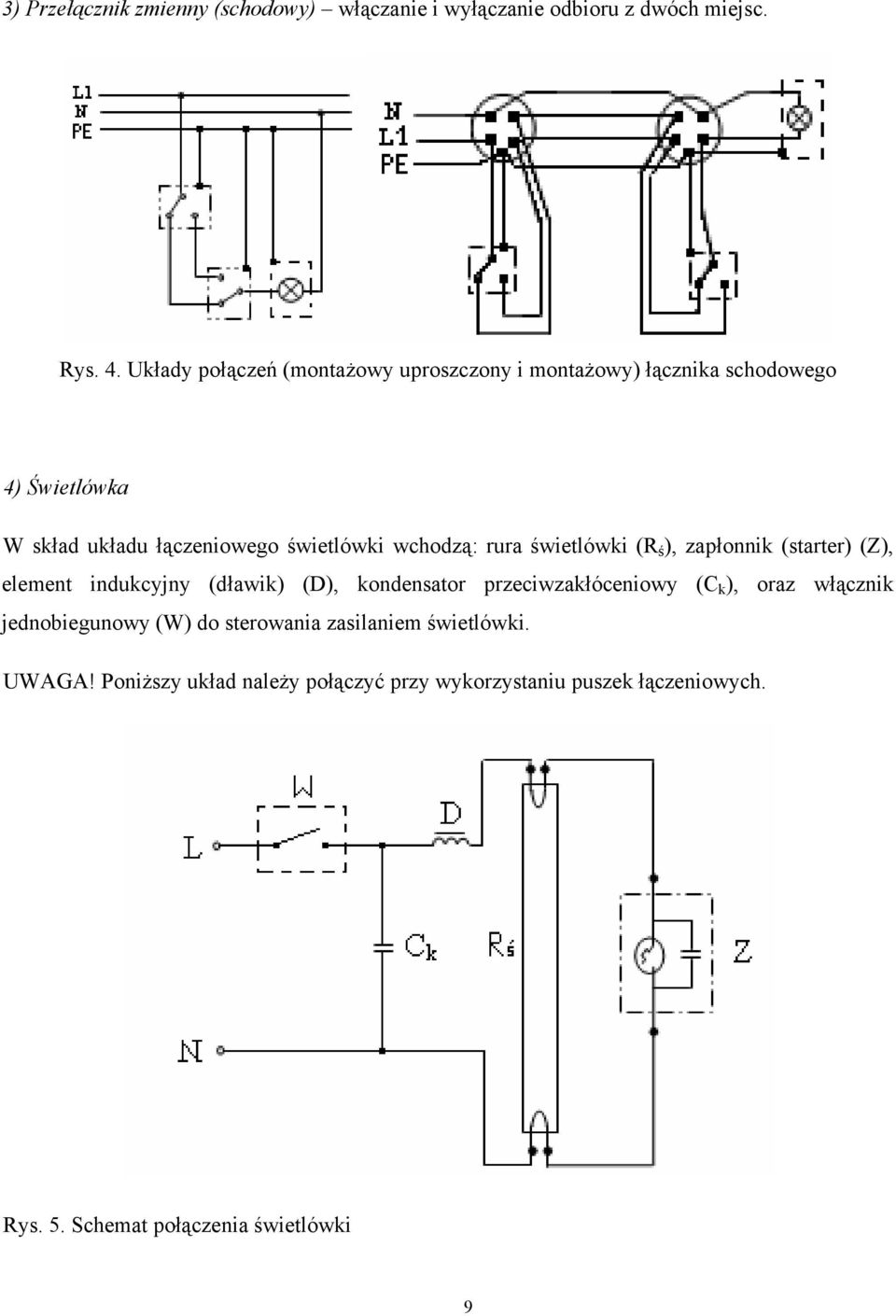 wchodzą: rura świetlówki (R ś ), zapłonnik (starter) (Z), element indukcyjny (dławik) (D), kondensator przeciwzakłóceniowy (C k ),