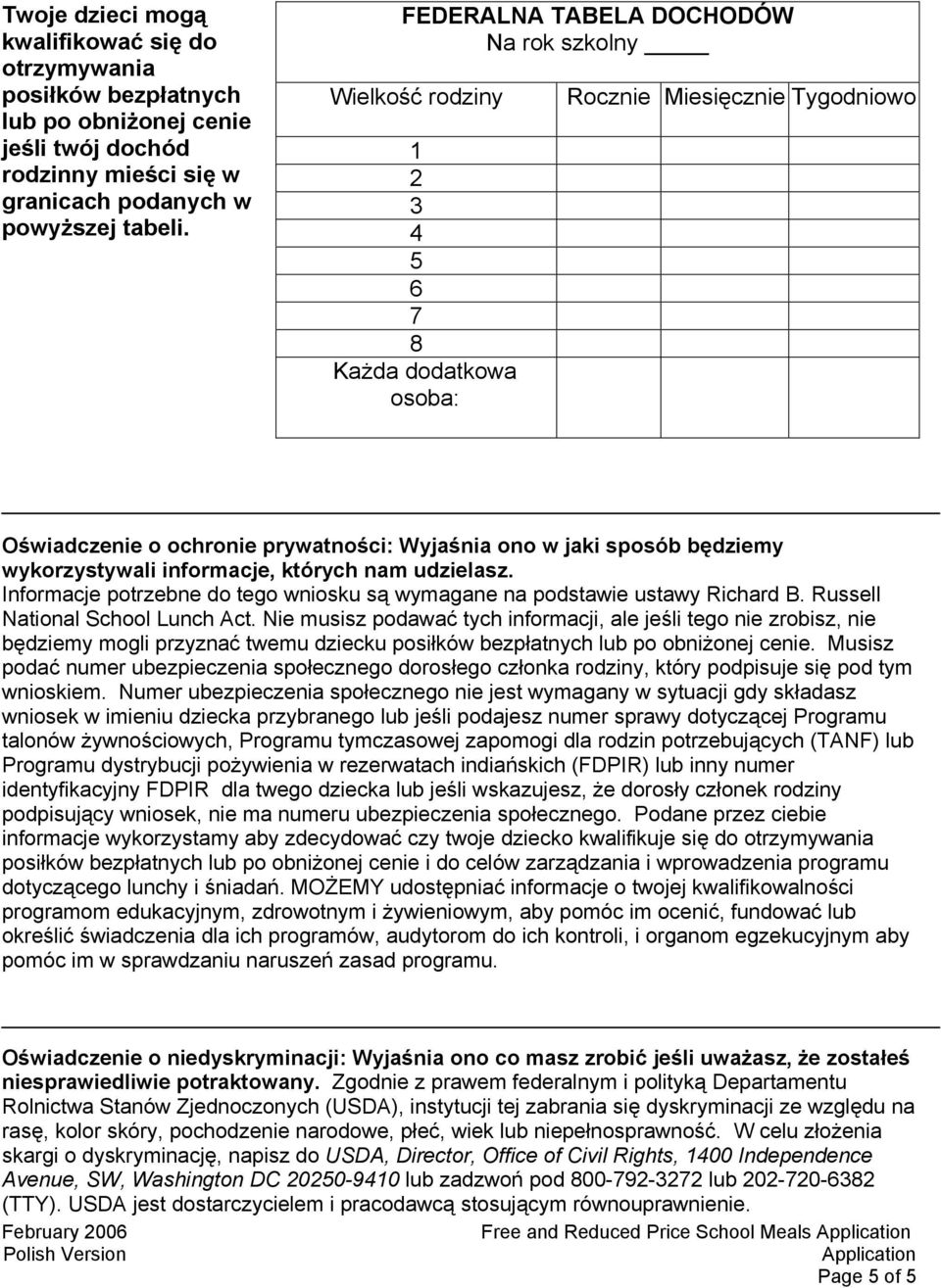 będziemy wykorzystywali informacje, których nam udzielasz. Informacje potrzebne do tego wniosku są wymagane na podstawie ustawy Richard B. Russell National School Lunch Act.