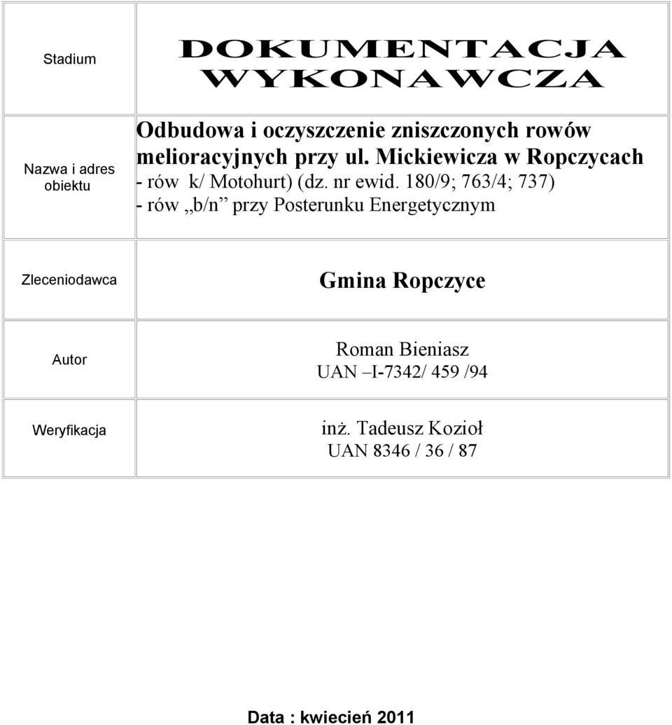 180/9; 763/4; 737) - rów b/n przy Posterunku Energetycznym Zleceniodawca Gmina Ropczyce Autor