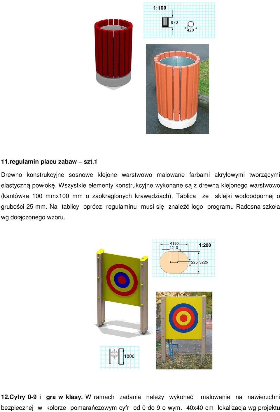 Tablica ze sklejki wodoodpornej o grubości 25 mm. Na tablicy oprócz regulaminu musi się znaleźć logo programu Radosna szkoła wg dołączonego wzoru.