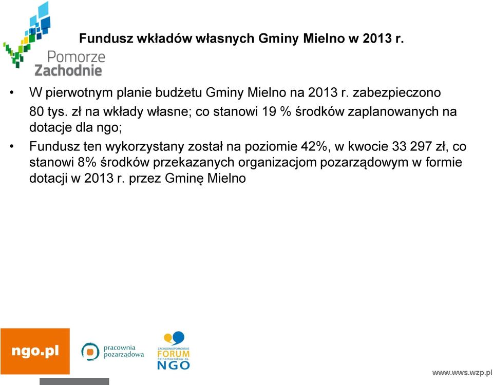 zł na wkłady własne; co stanowi 19 % środków zaplanowanych na dotacje dla ngo; Fundusz ten