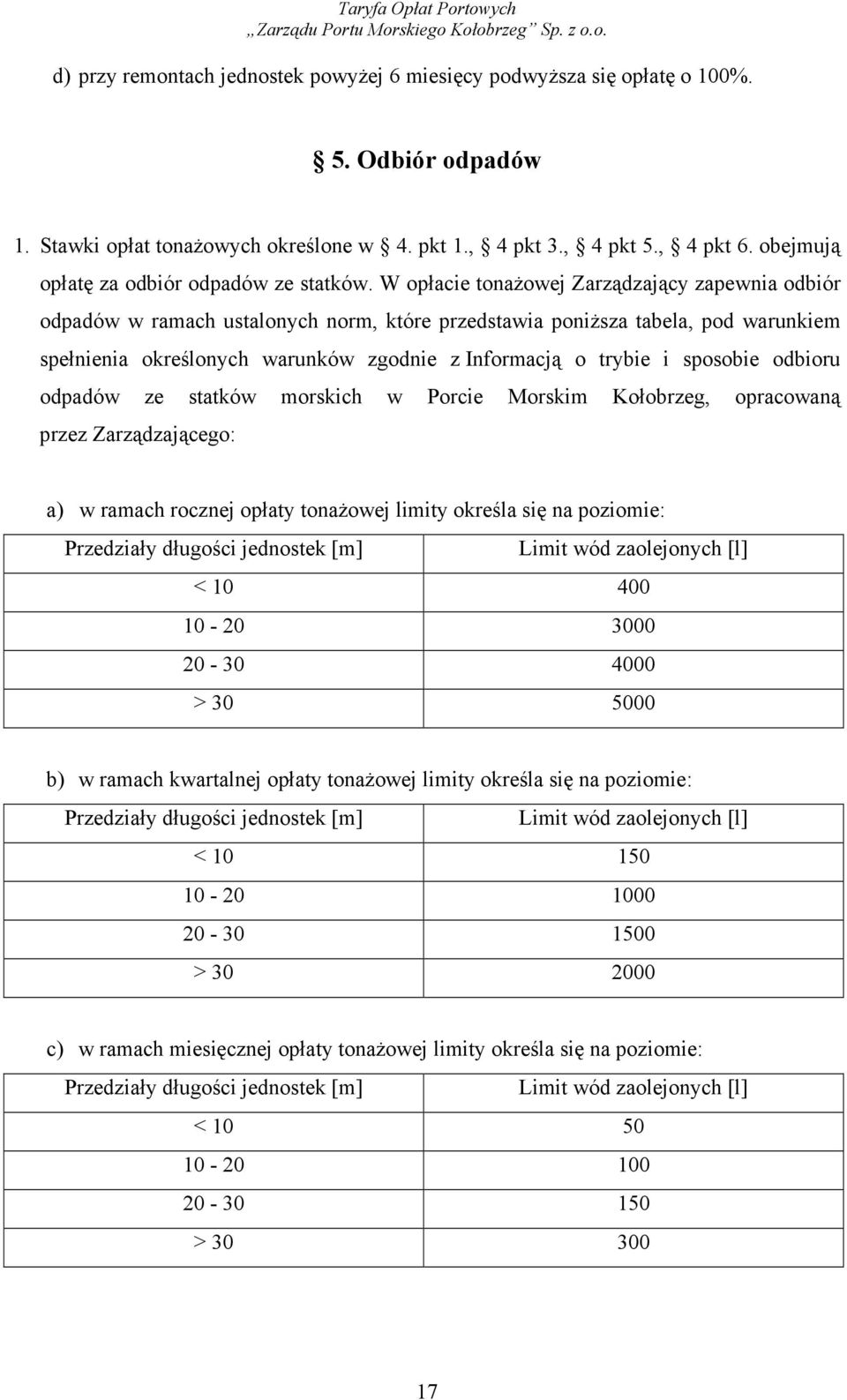 W opłacie tonaŝowej Zarządzający zapewnia odbiór odpadów w ramach ustalonych norm, które przedstawia poniŝsza tabela, pod warunkiem spełnienia określonych warunków zgodnie z Informacją o trybie i