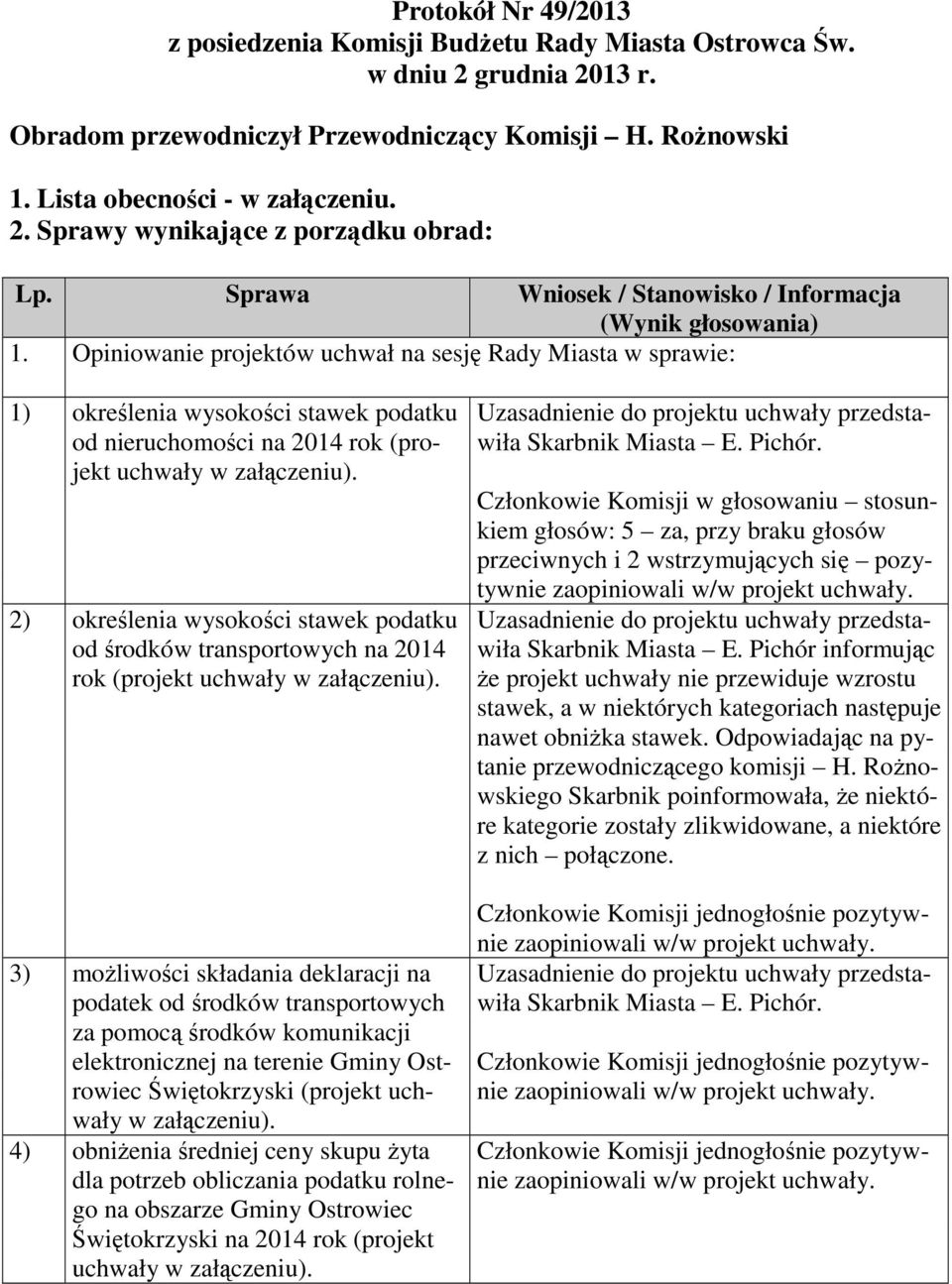 Opiniowanie projektów uchwał na sesję Rady Miasta w sprawie: 1) określenia wysokości stawek podatku Uzasadnienie do projektu uchwały przedstaod nieruchomości na 2014 rok (pro- wiła Skarbnik Miasta E.