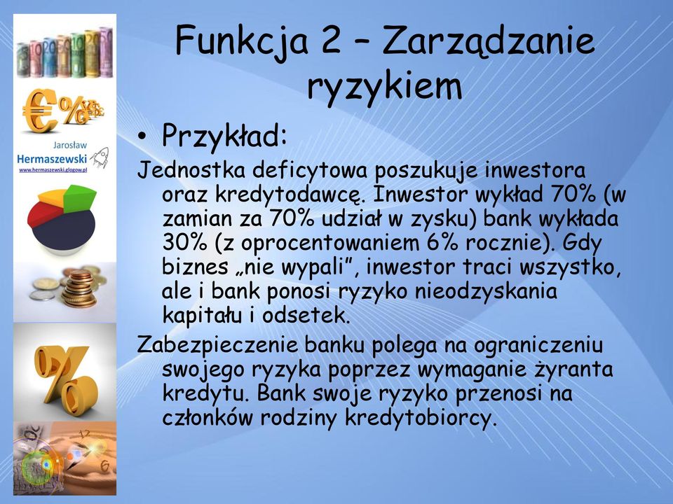 Gdy biznes nie wypali, inwestor traci wszystko, ale i bank ponosi ryzyko nieodzyskania kapitału i odsetek.