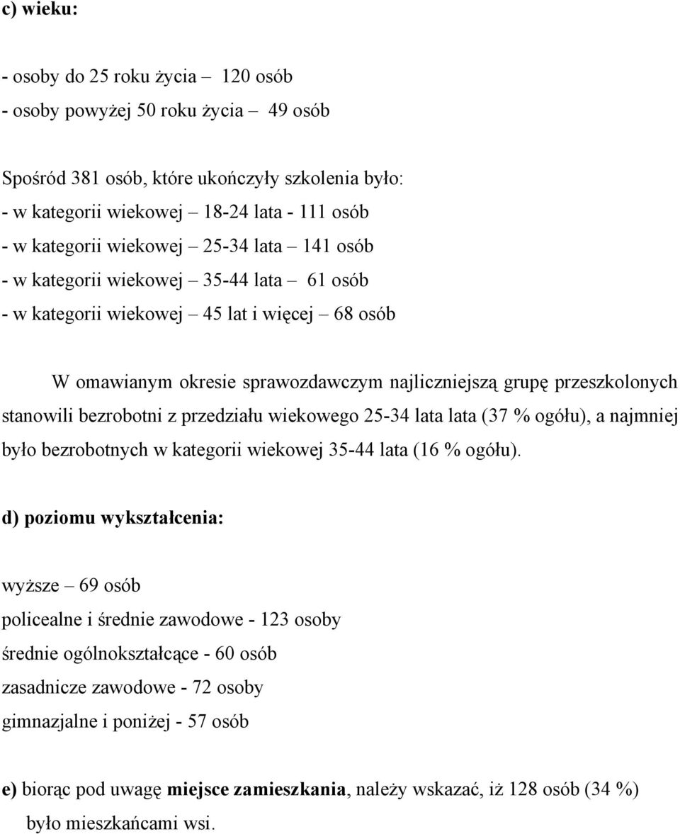 bezrobotni z przedziału wiekowego 25-34 lata lata (37 % ogółu), a najmniej było bezrobotnych w kategorii wiekowej 35-44 lata (16 % ogółu).