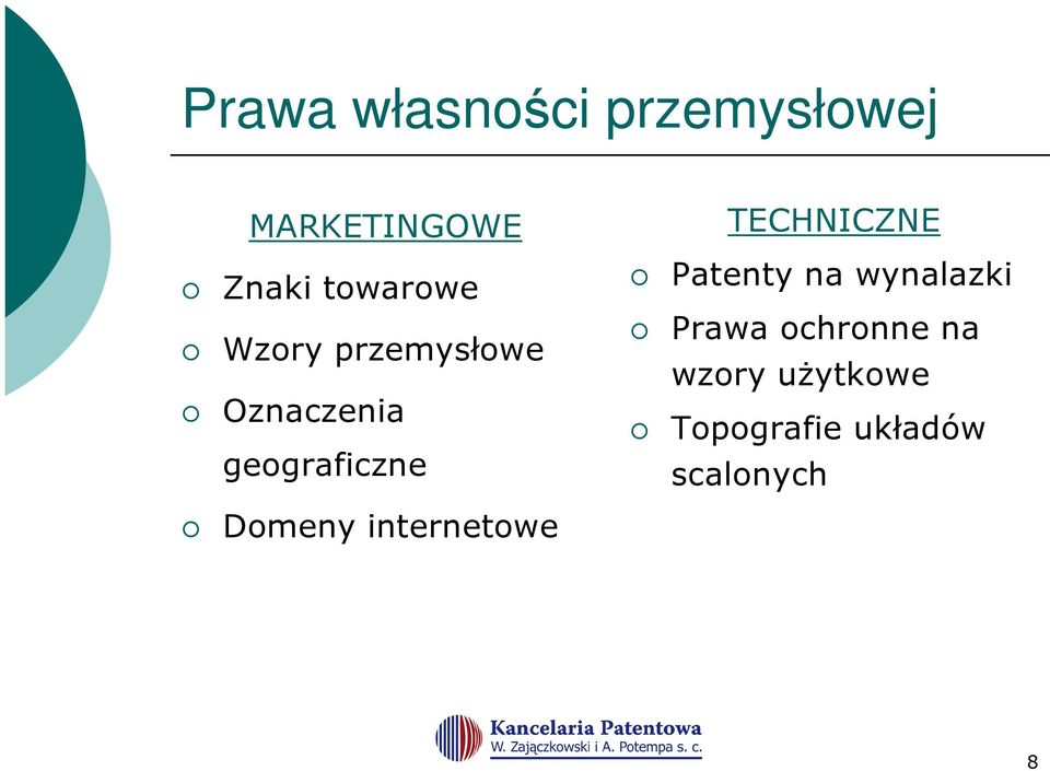 TECHNICZNE Patenty na wynalazki Prawa ochronne na