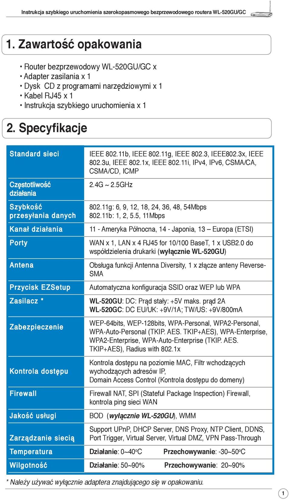 Zarządzanie siecią Temperatura Wilgotność IEEE 802.11b, IEEE 802.11g, IEEE 802.3, IEEE802.3x, IEEE 802.3u, IEEE 802.1x, IEEE 802.11i, IPv4, IPv6, CSMA/CA, CSMA/CD, ICMP 2.4G ~ 2.5GHz 802.