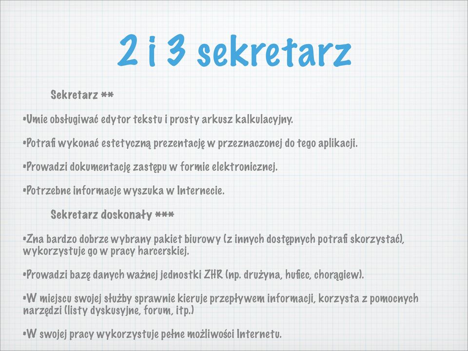 Sekretarz doskonały *** Zna bardzo dobrze wybrany pakiet biurowy (z innych dostępnych potrafi skorzystać), wykorzystuje go w pracy harcerskiej.
