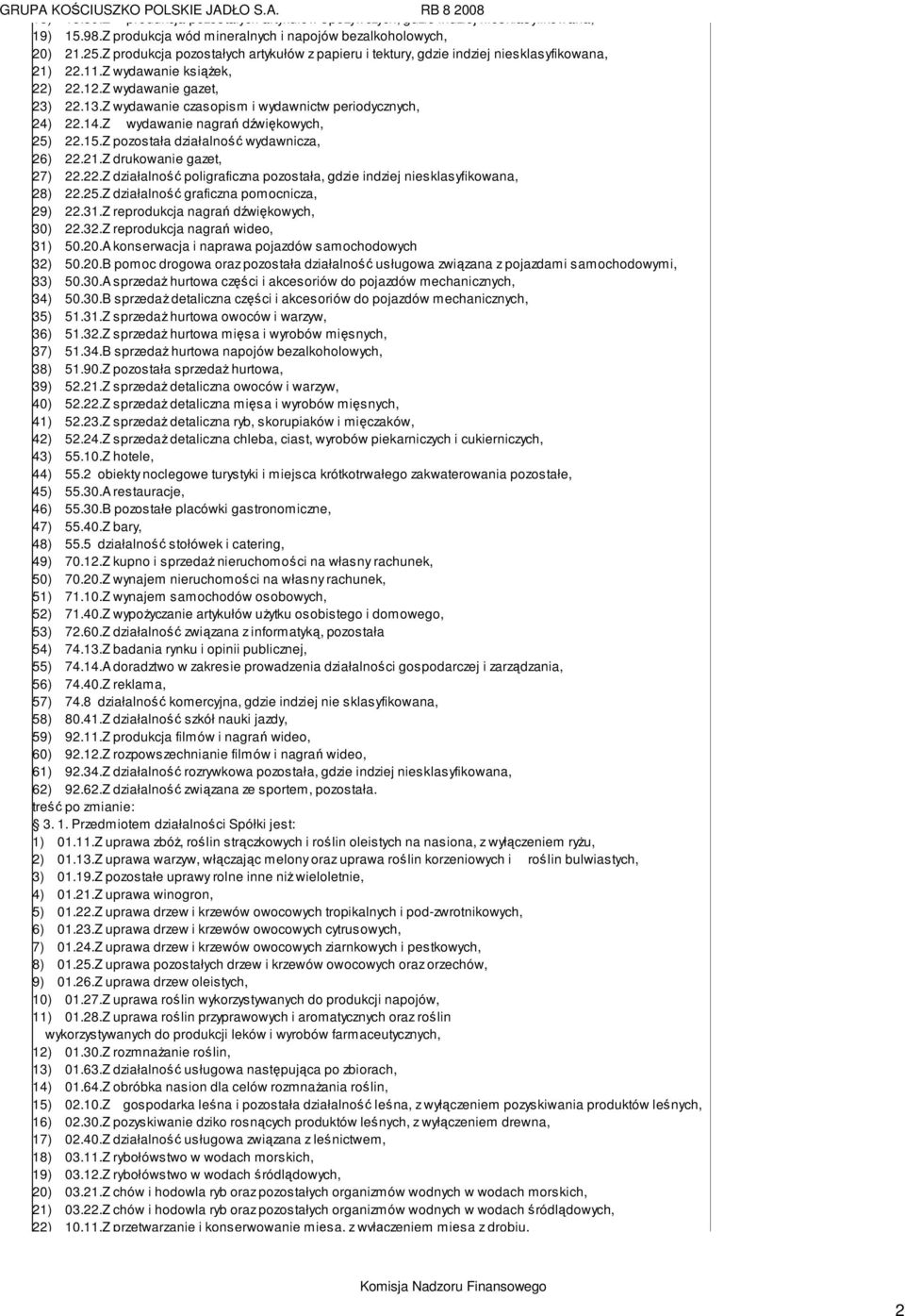 Z wydawanie czasopism i wydawnictw periodycznych, 24) 22.14.Z wydawanie nagrań dźwiękowych, 25) 22.15.Z pozostała działalność wydawnicza, 26) 22.21.Z drukowanie gazet, 27) 22.22.Z działalność poligraficzna pozostała, gdzie indziej niesklasyfikowana, 28) 22.