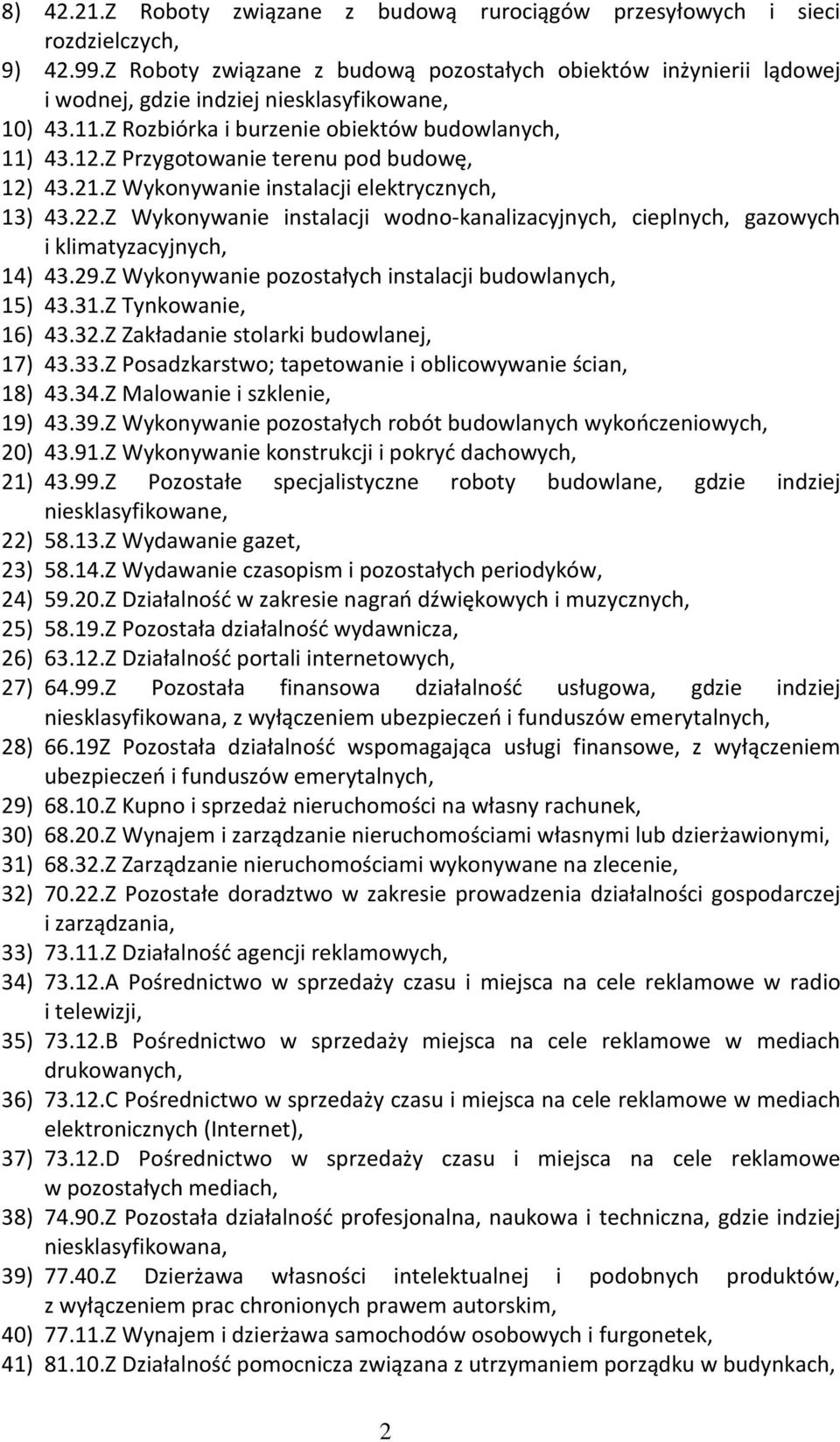 Z Przygotowanie terenu pod budowę, 12) 43.21.Z Wykonywanie instalacji elektrycznych, 13) 43.22.Z Wykonywanie instalacji wodno-kanalizacyjnych, cieplnych, gazowych i klimatyzacyjnych, 14) 43.29.