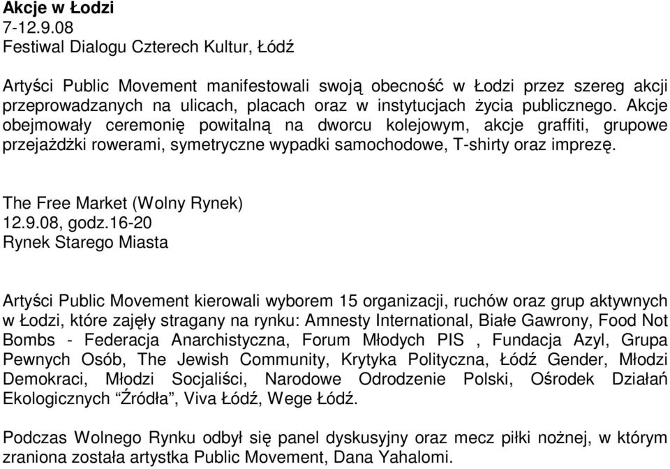 Akcje obejmowały ceremonię powitalną na dworcu kolejowym, akcje graffiti, grupowe przejaŝdŝki rowerami, symetryczne wypadki samochodowe, T-shirty oraz imprezę. The Free Market (Wolny Rynek) 12.9.