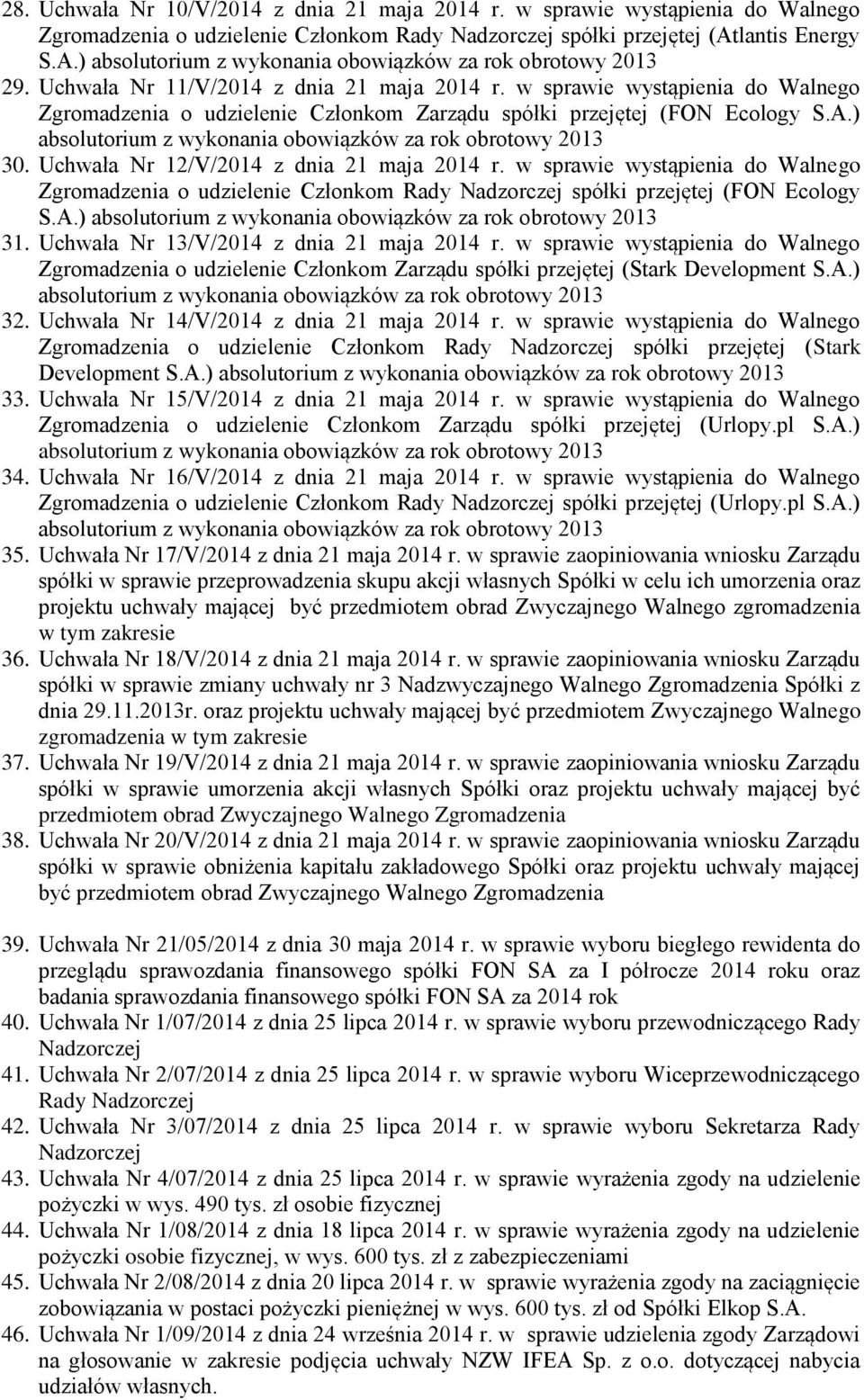 Uchwała Nr 12/V/2014 z dnia 21 maja 2014 r. w sprawie wystąpienia do Walnego Zgromadzenia o udzielenie Członkom Rady Nadzorczej spółki przejętej (FON Ecology S.A.) 31.