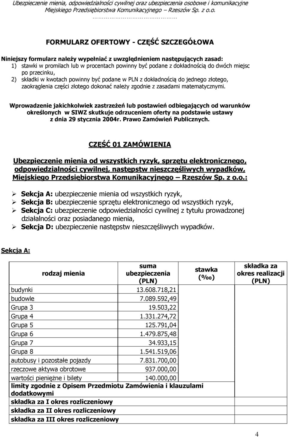 Wprowadzenie jakichkolwiek zastrzeżeń lub postawień odbiegających od warunków określonych w SIWZ skutkuje odrzuceniem oferty na podstawie ustawy z dnia 29 stycznia 2004r. Prawo Zamówień Publicznych.