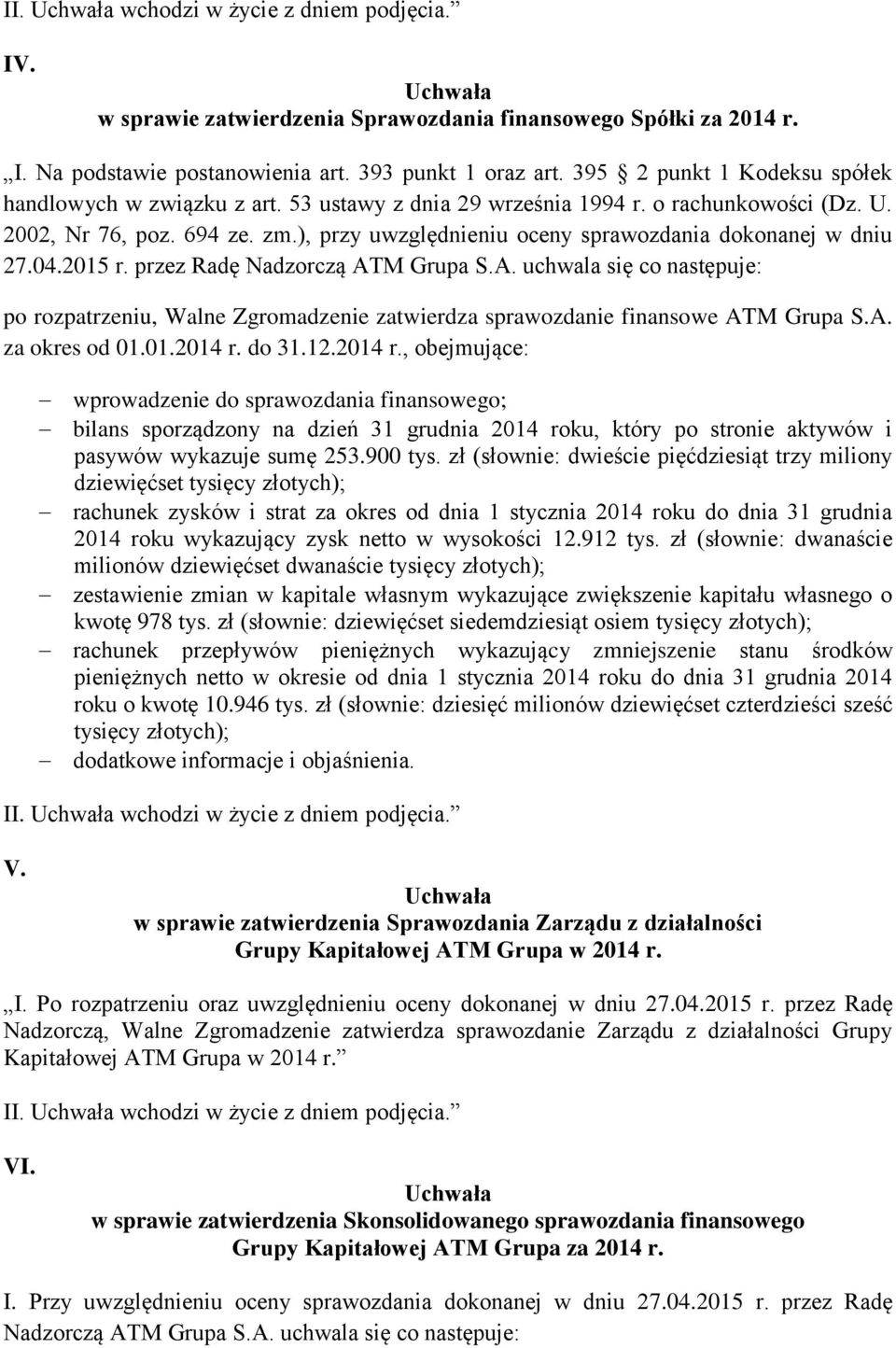 M Grupa S.A. uchwala się co następuje: po rozpatrzeniu, Walne Zgromadzenie zatwierdza sprawozdanie finansowe ATM Grupa S.A. za okres od 01.01.2014 r.