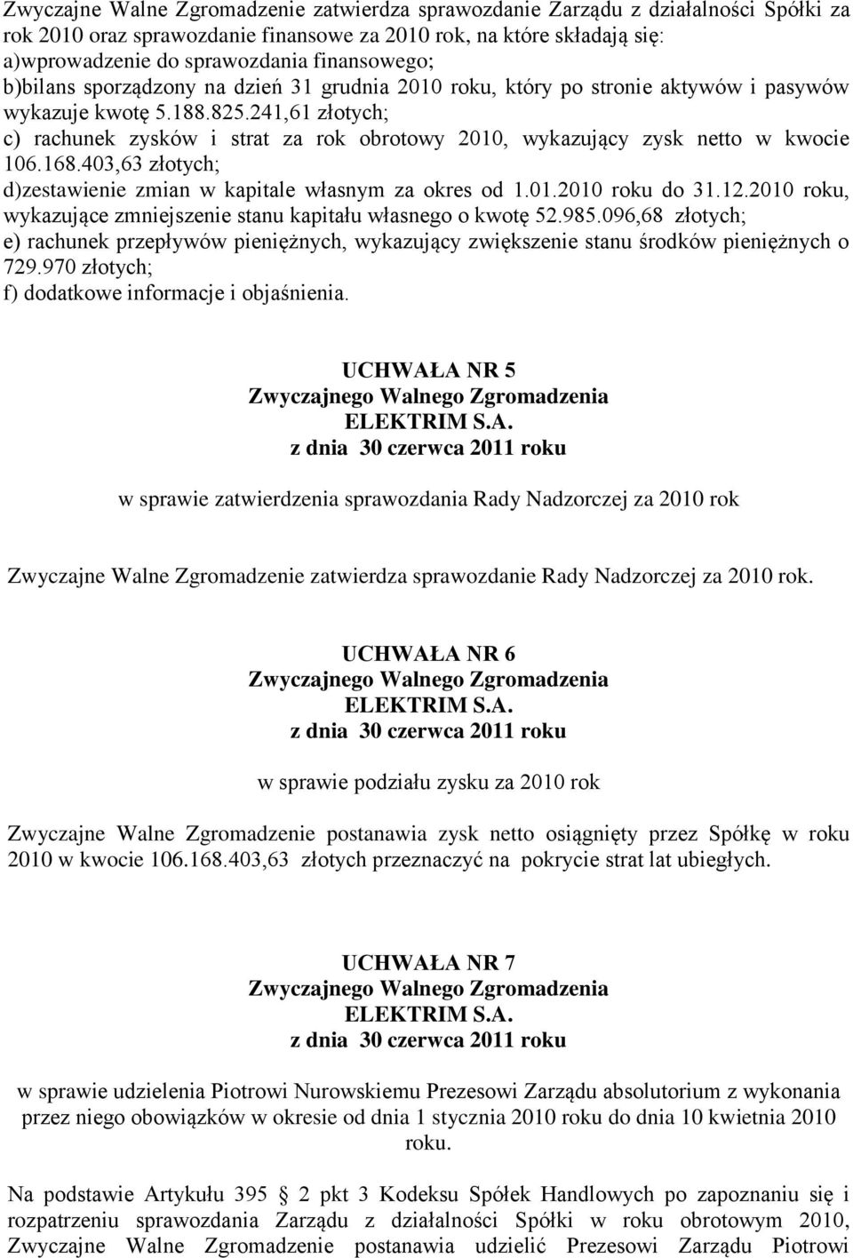 241,61 złotych; c) rachunek zysków i strat za rok obrotowy 2010, wykazujący zysk netto w kwocie 106.168.403,63 złotych; d)zestawienie zmian w kapitale własnym za okres od 1.01.2010 roku do 31.12.