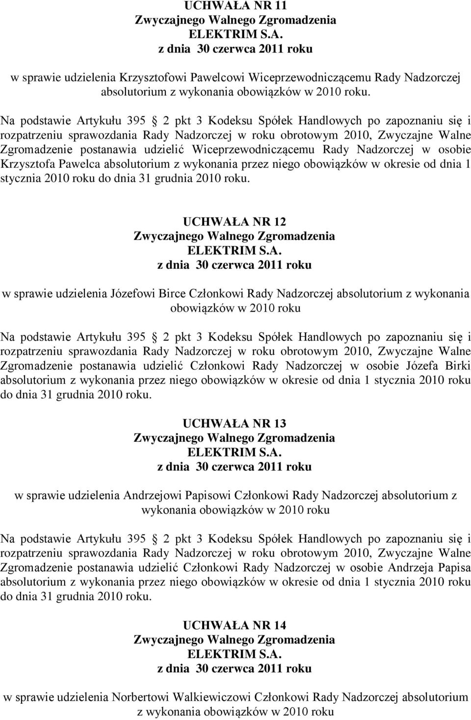 udzielenia Józefowi Birce Członkowi Rady Nadzorczej absolutorium z wykonania obowiązków w 2010 roku Zgromadzenie postanawia udzielić Członkowi Rady Nadzorczej w osobie Józefa Birki absolutorium z