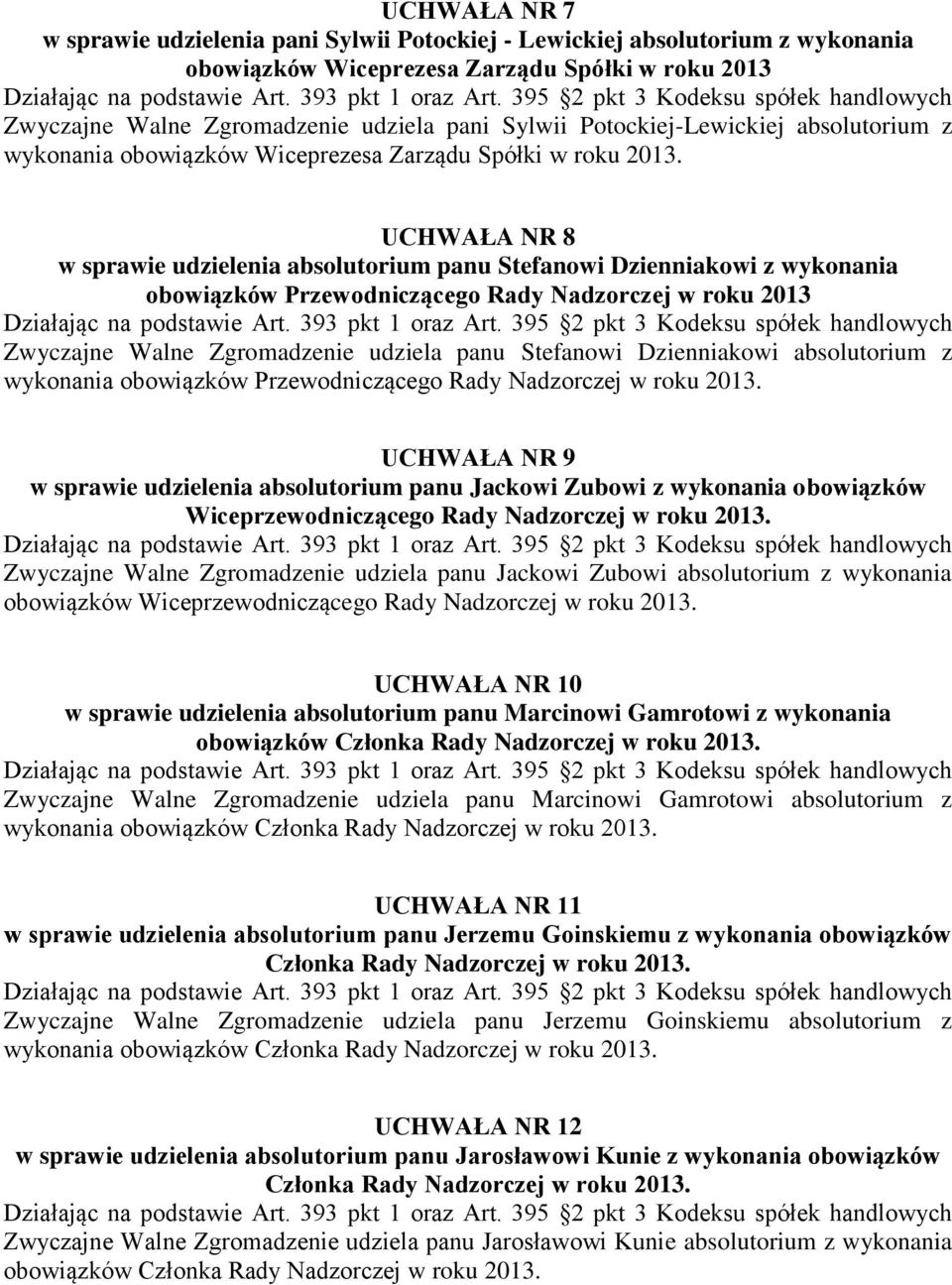 UCHWAŁA NR 8 w sprawie udzielenia absolutorium panu Stefanowi Dzienniakowi z wykonania obowiązków Przewodniczącego Rady Nadzorczej w roku 2013 Zwyczajne Walne Zgromadzenie udziela panu Stefanowi