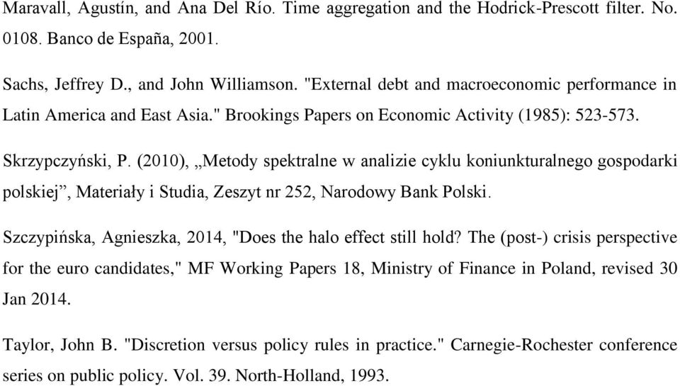 (21), Metody spektralne w analizie cyklu koniunkturalnego gospodarki polskiej, Materiały i Studia, Zeszyt nr 252, Narodowy Bank Polski.
