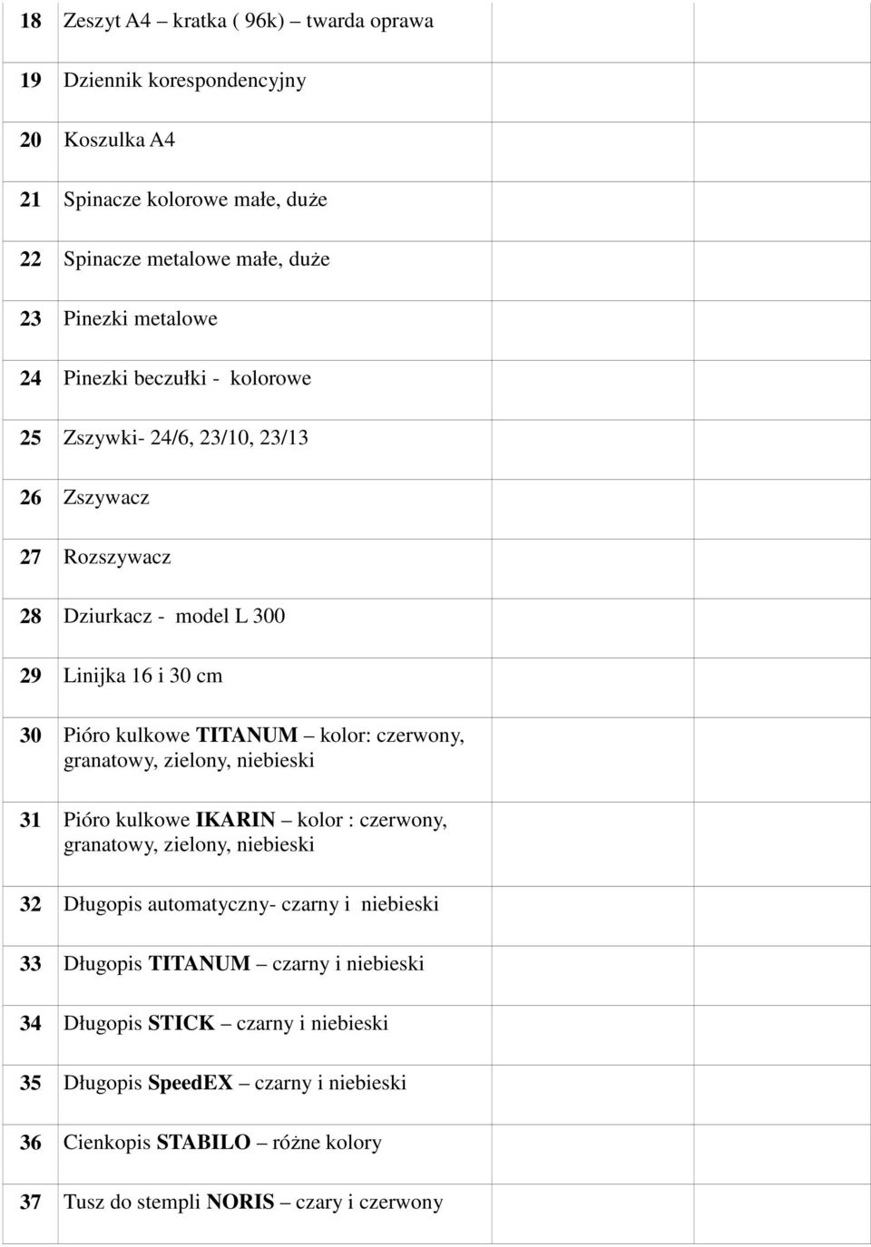 czerwony, granatowy, zielony, niebieski 31 Pióro kulkowe IKARIN kolor : czerwony, granatowy, zielony, niebieski 32 Długopis automatyczny- czarny i niebieski 33 Długopis