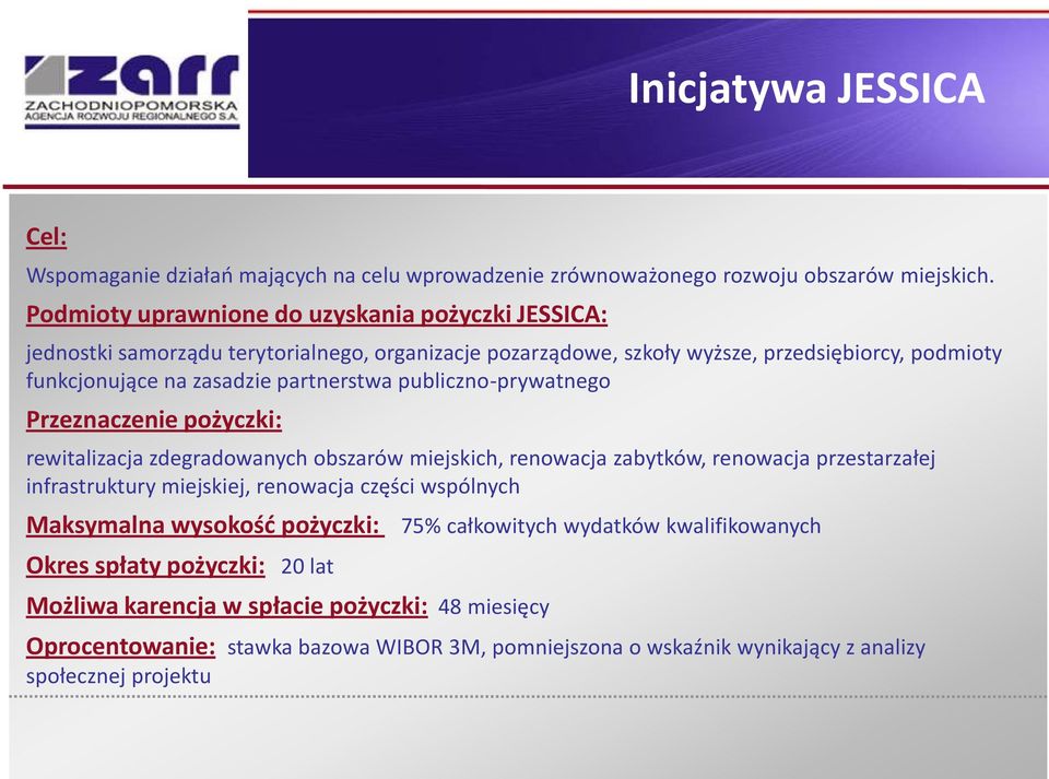partnerstwa publiczno-prywatnego Przeznaczenie pożyczki: rewitalizacja zdegradowanych obszarów miejskich, renowacja zabytków, renowacja przestarzałej infrastruktury miejskiej, renowacja